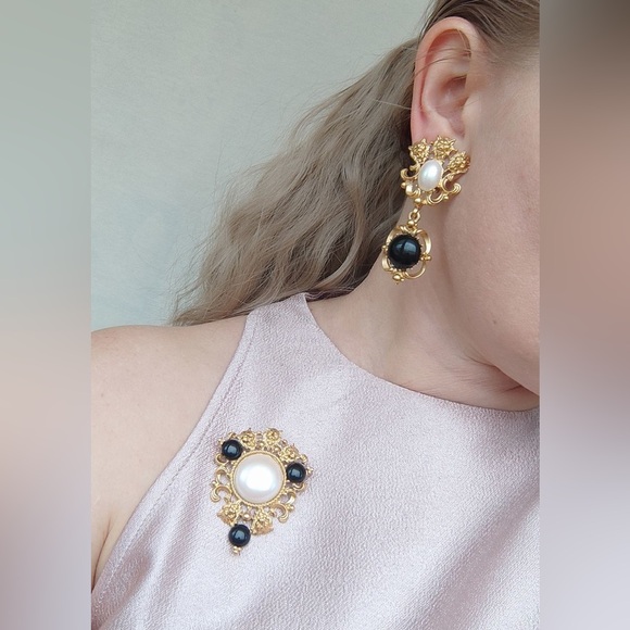 Avon Accessories - Vintage Avon Gold and Black Statement Earrings and Brooch